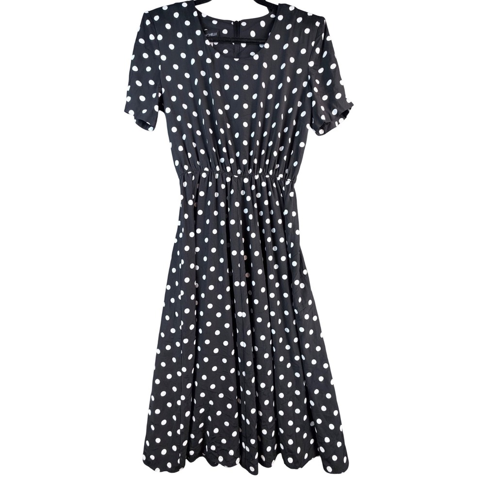 Vintage My Michelle Black White Polka Dot Midi Dress Short Sleeve Size 10